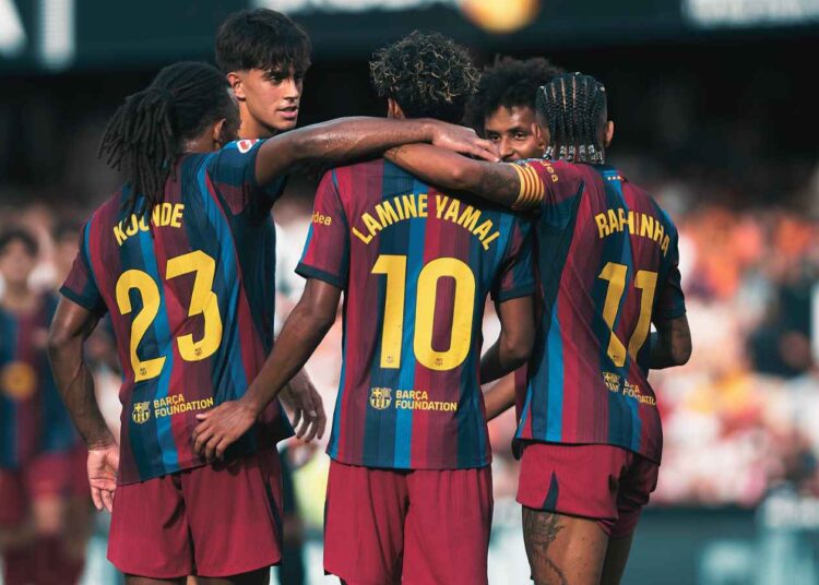 Lamine Yamal of FC Barcelona celebrates after scoring his team s fifth goal in the 0-5 win vs valencia